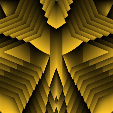 Siyah zemin üzerinde parlak sarı desenler. Karmaşık şekiller ve tasarımlar meydana getiriyorlar.