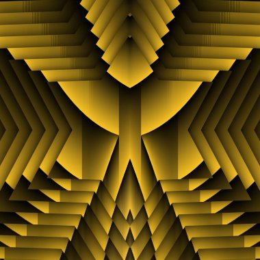 Siyah zemin üzerinde parlak sarı desenler. Karmaşık şekiller ve tasarımlar meydana getiriyorlar.