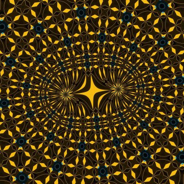 Siyah arkaplanda parlak mavi ve sarı üçgenler yansıma ile şekillere dönüşür.