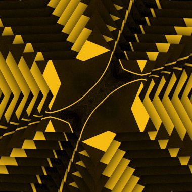 Siyah arkaplanda parlak mavi ve sarı üçgenler yansıma ile şekillere dönüşür.