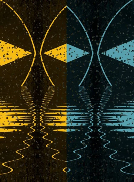 Bright Blue Yellow Triangles Black Background Transformed Patterns Shapes Reflection — Stock Photo, Image