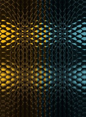 Siyah arkaplanda parlak mavi ve sarı üçgenler yansıma ile şekillere dönüşür.