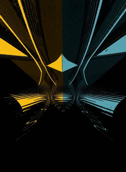 Bright Blue Yellow Triangles Black Background Transformed Patterns Shapes Reflection — Stock Photo, Image