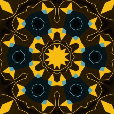 Siyah arkaplanda parlak mavi ve sarı üçgenler yansıma ile şekillere dönüşür.