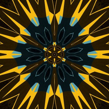 Siyah arkaplanda parlak mavi ve sarı üçgenler yansıma ile şekillere dönüşür.