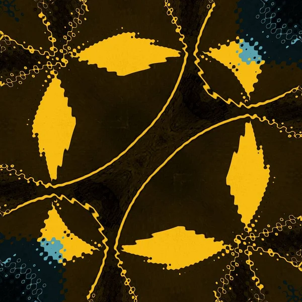 黑色背景上明亮的蓝色和黄色三角形通过反射转化为图案和形状 — 图库照片