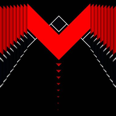 Siyah arkaplan üzerinde canlı kırmızı ve beyaz geometrik şekiller ve tasarımlar