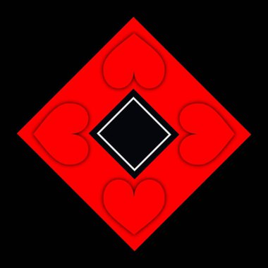 Siyah arkaplan üzerinde canlı kırmızı ve beyaz geometrik şekiller ve tasarımlar