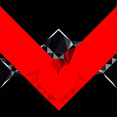 Siyah arkaplan üzerinde canlı kırmızı ve beyaz geometrik şekiller ve tasarımlar