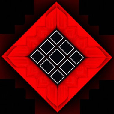 Siyah arkaplan üzerinde canlı kırmızı ve beyaz geometrik şekiller ve tasarımlar