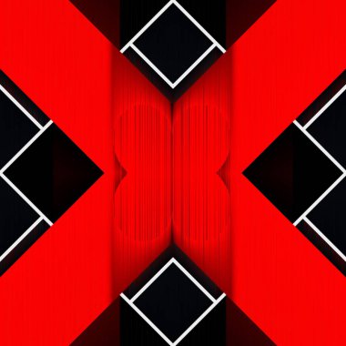 Siyah arkaplan üzerinde canlı kırmızı ve beyaz geometrik şekiller ve tasarımlar