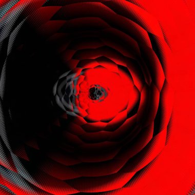 Siyah arkaplan üzerinde canlı kırmızı ve beyaz geometrik şekiller ve tasarımlar