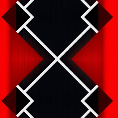 Siyah arkaplan üzerinde canlı kırmızı ve beyaz geometrik şekiller ve tasarımlar