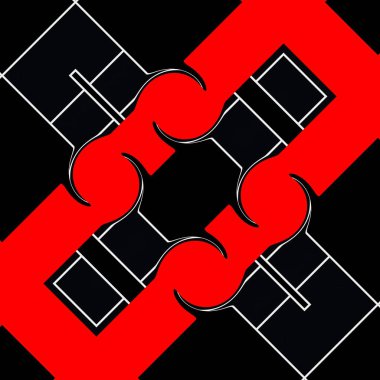 Siyah arkaplan üzerinde canlı kırmızı ve beyaz geometrik şekiller ve tasarımlar