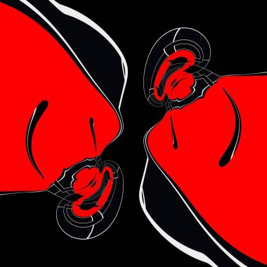 Siyah arkaplan üzerinde canlı kırmızı ve beyaz geometrik şekiller ve tasarımlar