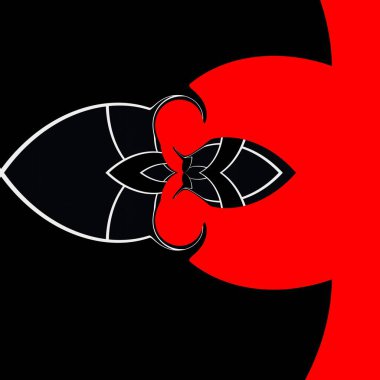 Siyah arkaplan üzerinde canlı kırmızı ve beyaz geometrik şekiller ve tasarımlar