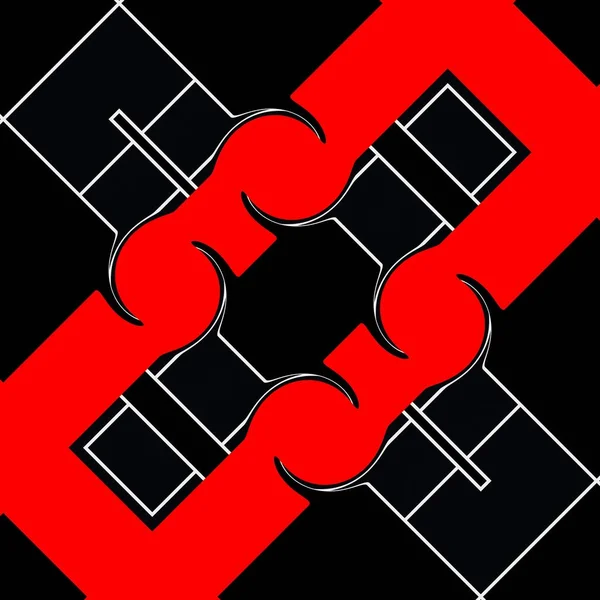 鮮やかな赤と白の幾何学的形状パターンと黒の背景のデザイン — ストック写真