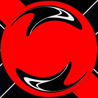 Siyah arkaplan üzerinde canlı kırmızı ve beyaz geometrik şekiller ve tasarımlar