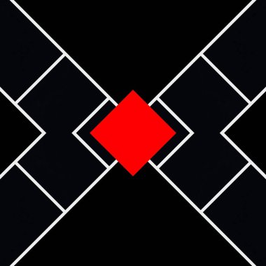 Siyah arkaplan üzerinde canlı kırmızı ve beyaz geometrik şekiller ve tasarımlar