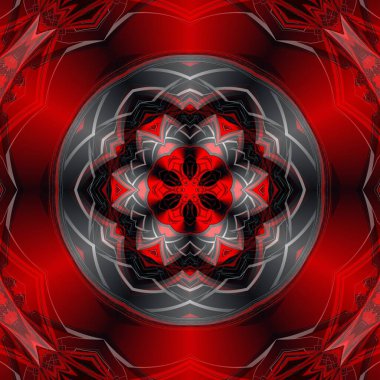 Siyah arkaplan üzerinde canlı kırmızı ve beyaz geometrik şekiller ve tasarımlar