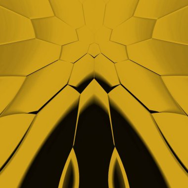 Siyah zemin üzerinde parlak sarı altıgen desenler. Karmaşık şekiller ve tasarımlar meydana getiriyorlar.