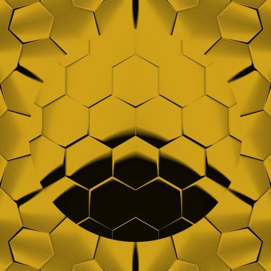 Siyah zemin üzerinde parlak sarı altıgen desenler. Karmaşık şekiller ve tasarımlar meydana getiriyorlar.