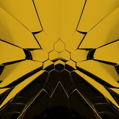 Siyah zemin üzerinde parlak sarı altıgen desenler. Karmaşık şekiller ve tasarımlar meydana getiriyorlar.