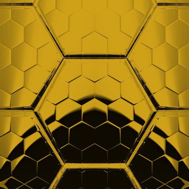 Siyah zemin üzerinde parlak sarı altıgen desenler. Karmaşık şekiller ve tasarımlar meydana getiriyorlar.