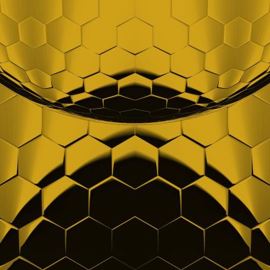 Siyah zemin üzerinde parlak sarı altıgen desenler. Karmaşık şekiller ve tasarımlar meydana getiriyorlar.