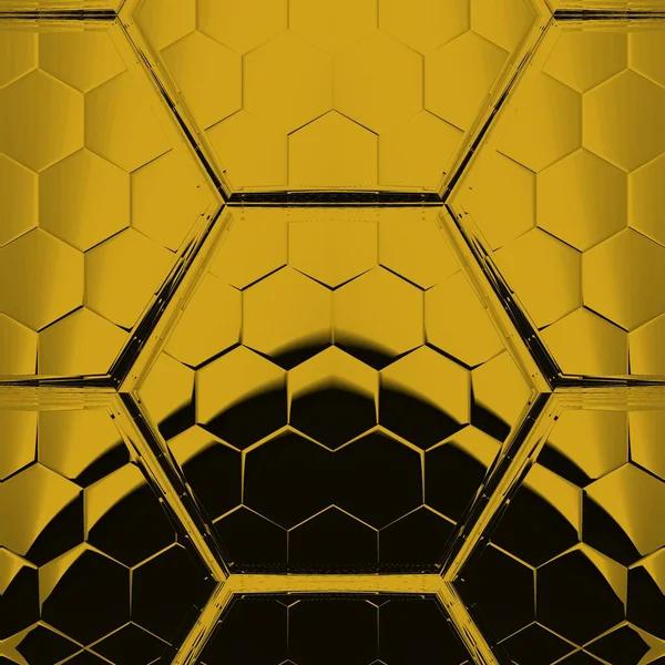 黒の背景に明るい黄色の金六角形のパターンは 正方形の形式で多くの複雑な形状やデザインを生成します — ストック写真