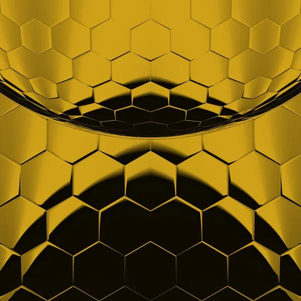 黑色背景上明亮的黄色六边形图案以正方形的形式产生了许多复杂的形状和图案 — 图库照片