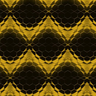 Siyah zemin üzerinde parlak sarı altıgen desenler. Karmaşık şekiller ve tasarımlar meydana getiriyorlar.