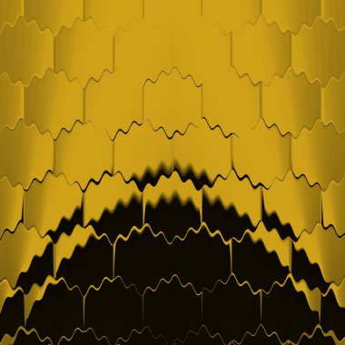 Siyah zemin üzerinde parlak sarı altıgen desenler. Karmaşık şekiller ve tasarımlar meydana getiriyorlar.