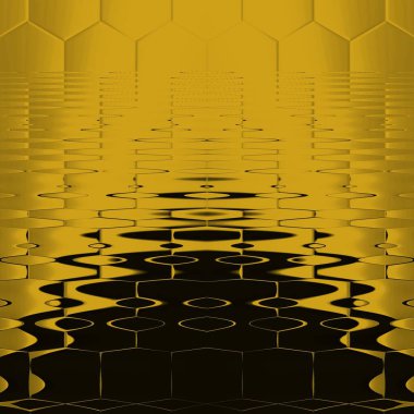 Siyah zemin üzerinde parlak sarı altıgen desenler. Karmaşık şekiller ve tasarımlar meydana getiriyorlar.