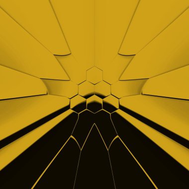 Siyah zemin üzerinde parlak sarı altıgen desenler. Karmaşık şekiller ve tasarımlar meydana getiriyorlar.