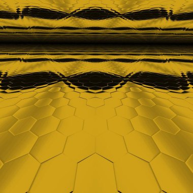 Siyah zemin üzerinde parlak sarı altıgen desenler. Karmaşık şekiller ve tasarımlar meydana getiriyorlar.