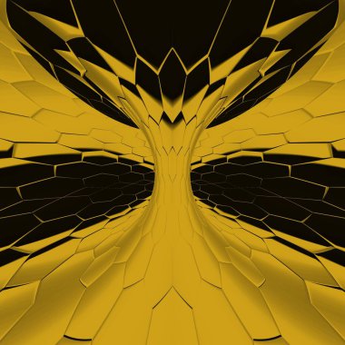 Siyah zemin üzerinde parlak sarı altıgen desenler. Karmaşık şekiller ve tasarımlar meydana getiriyorlar.