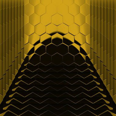 Siyah zemin üzerinde parlak sarı altıgen desenler. Karmaşık şekiller ve tasarımlar meydana getiriyorlar.