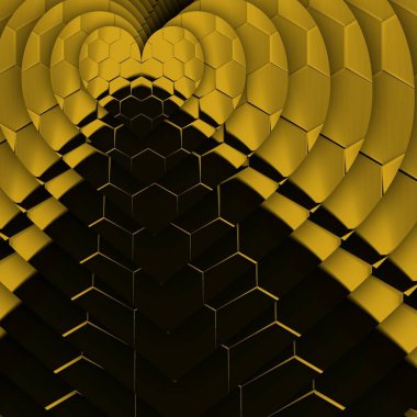 Siyah zemin üzerinde parlak sarı altıgen desenler. Karmaşık şekiller ve tasarımlar meydana getiriyorlar.