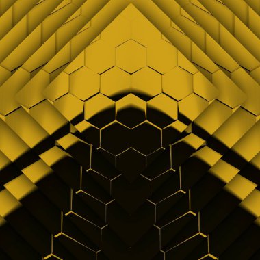 Siyah zemin üzerinde parlak sarı altıgen desenler. Karmaşık şekiller ve tasarımlar meydana getiriyorlar.