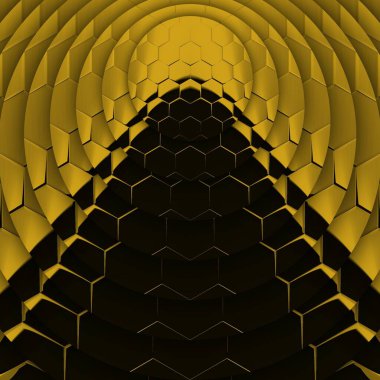 Siyah zemin üzerinde parlak sarı altıgen desenler. Karmaşık şekiller ve tasarımlar meydana getiriyorlar.