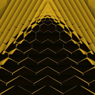 Siyah zemin üzerinde parlak sarı altıgen desenler. Karmaşık şekiller ve tasarımlar meydana getiriyorlar.