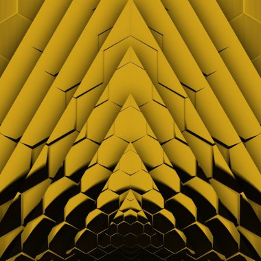 Siyah zemin üzerinde parlak sarı altıgen desenler. Karmaşık şekiller ve tasarımlar meydana getiriyorlar.