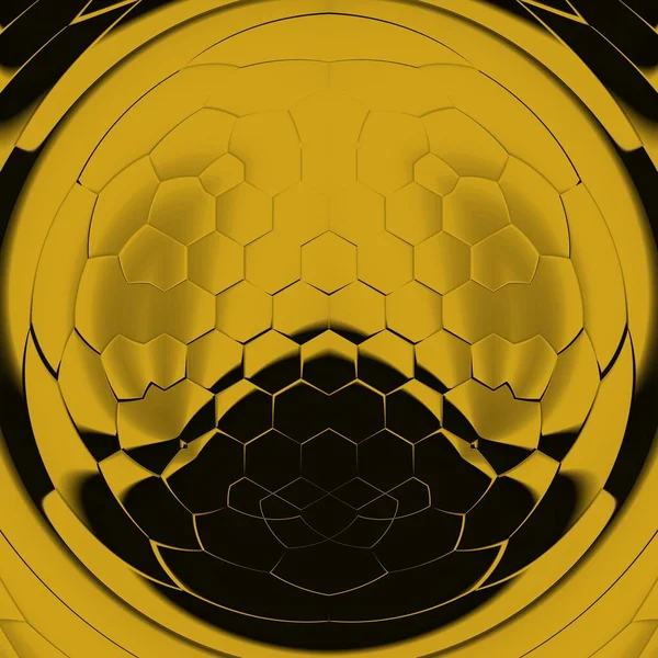 Siyah zemin üzerinde parlak sarı altıgen desenler. Karmaşık şekiller ve tasarımlar meydana getiriyorlar.