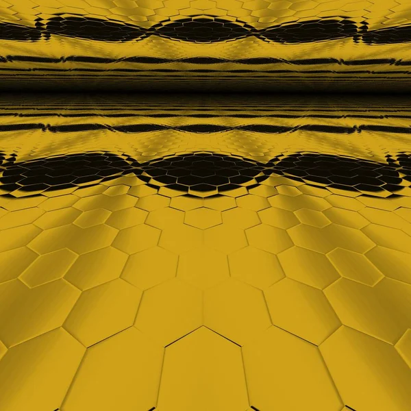 Siyah zemin üzerinde parlak sarı altıgen desenler. Karmaşık şekiller ve tasarımlar meydana getiriyorlar.