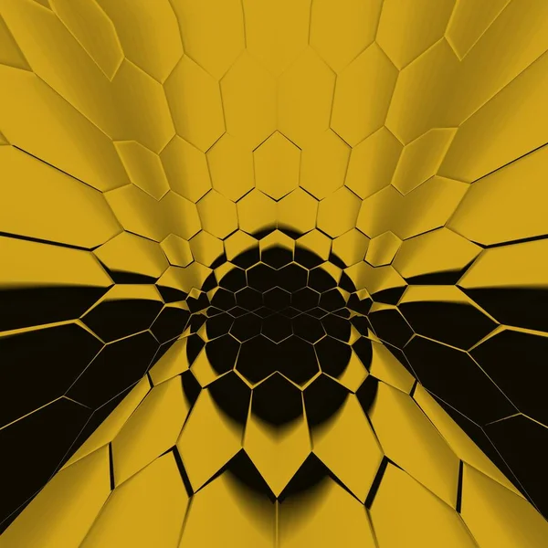 黒の背景に明るい黄色の金六角形のパターンは 正方形の形式で多くの複雑な形状やデザインを生成します — ストック写真