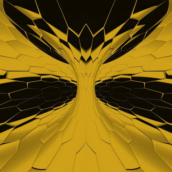 Siyah zemin üzerinde parlak sarı altıgen desenler. Karmaşık şekiller ve tasarımlar meydana getiriyorlar.