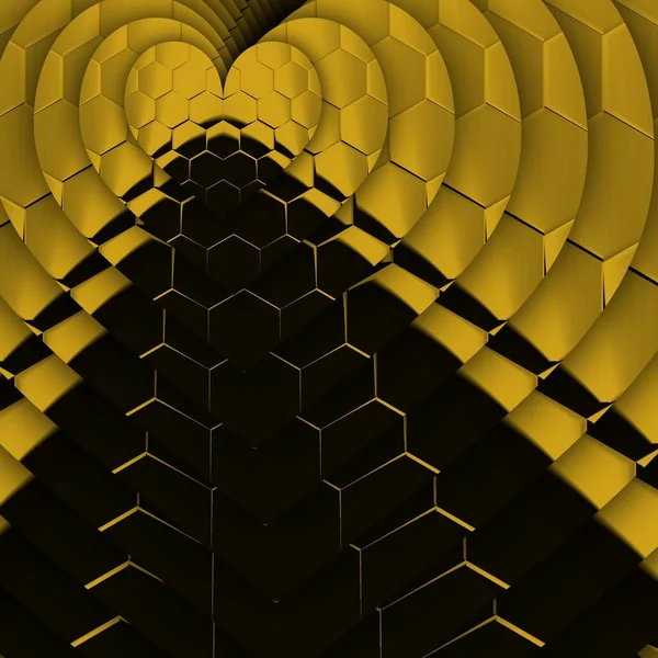 Siyah zemin üzerinde parlak sarı altıgen desenler. Karmaşık şekiller ve tasarımlar meydana getiriyorlar.