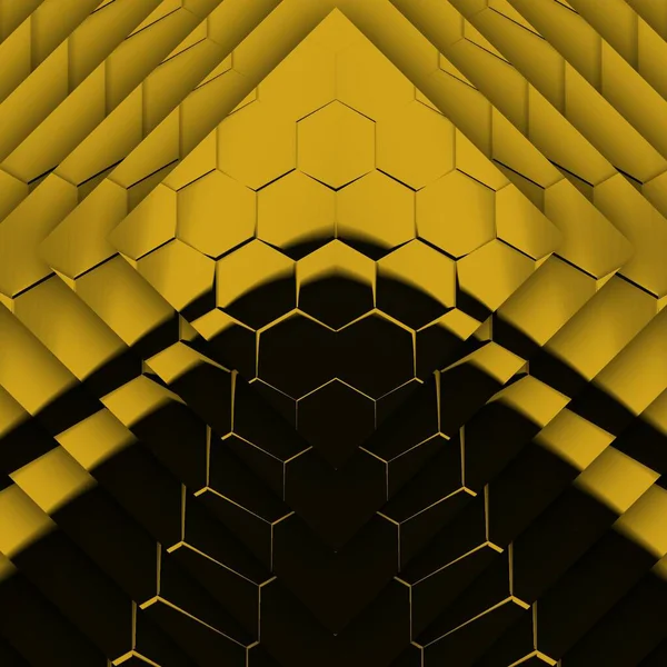黑色背景上明亮的黄色六边形图案以正方形的形式产生了许多复杂的形状和图案 — 图库照片