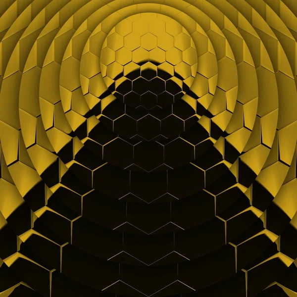 Siyah zemin üzerinde parlak sarı altıgen desenler. Karmaşık şekiller ve tasarımlar meydana getiriyorlar.